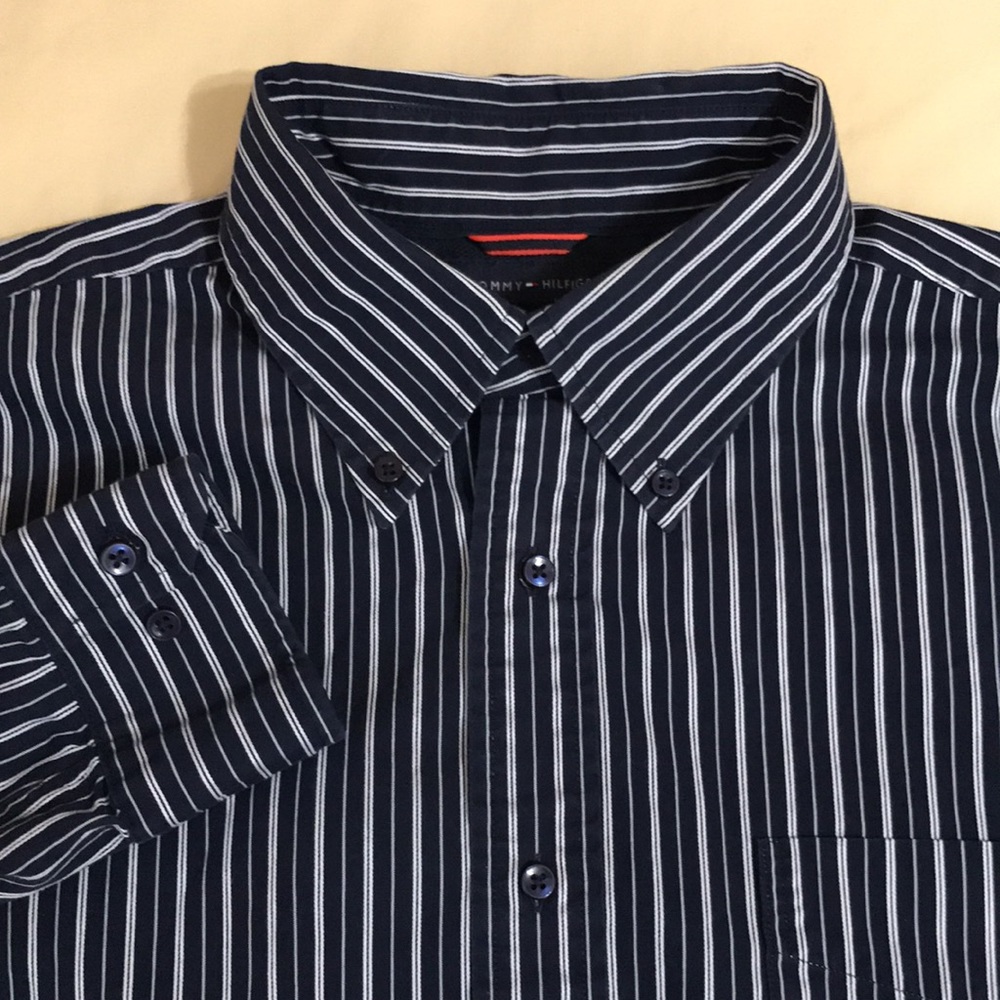 Tommy Hilfiger 80’s Two Ply Cotton Button Up Shirt Mens L Stripe Blue White